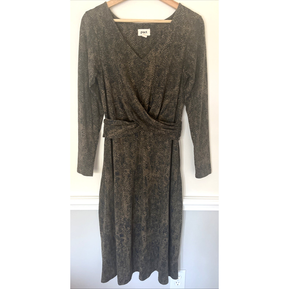 Pact Organic Cotton Dress Size Medium Faux Wrap‎ Snake Print Green Black